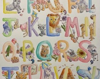 Alphabet and Friends watercolour print for gift or nursery