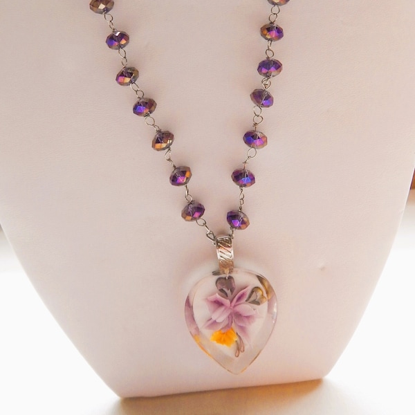 Reverse Carve Purple Floral Aurora Borealis Necklace