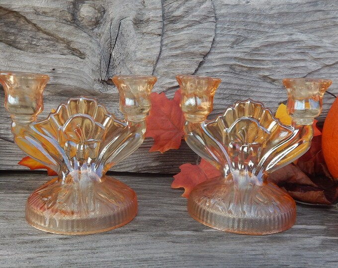 Vintage Marigold Carnival Glass Candle Holders Etsy