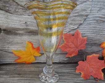 Vintage Hand Blown Yellow Striped Art Glass Vase