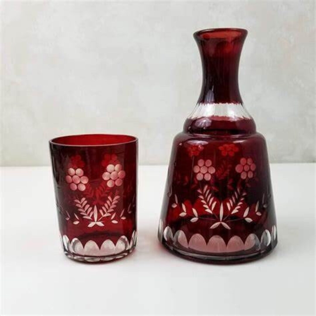 19th Century Bohemian Ruby Red Glass Carafe With Drinking Glass Etsy
