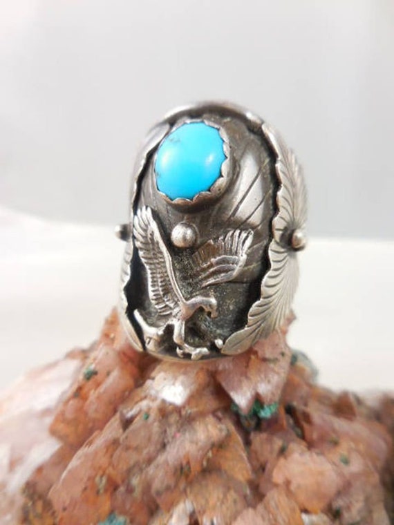 Vintage Native American Turquoise Eagle Ring - image 1