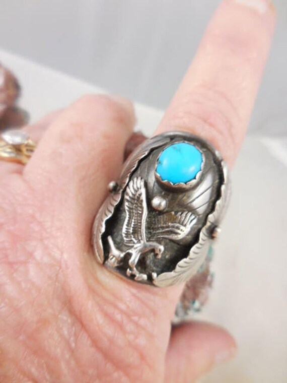 Vintage Native American Turquoise Eagle Ring - image 2