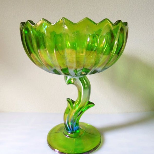 Vintage Indiana Carnival Glass Lotus Blossom Compote Green Iridescent Tulip