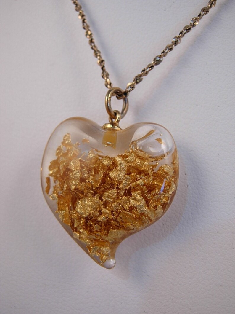 Vintage Glass Heart Gold Flakes Pendant Necklace FREE SHIPPING Etsy