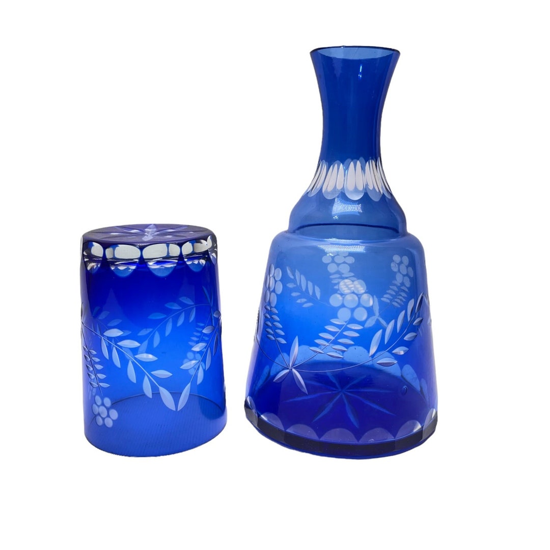 Vintage Bohemian Cobalt Blue Cut Glass Carafe With Glass Etsy