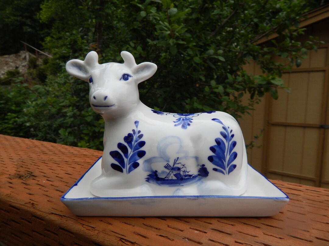 Vintage Delft Blue Cow Butter Dish Etsy