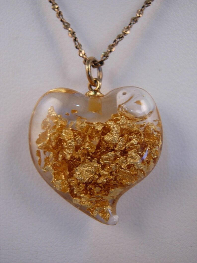 Vintage Glass Heart Gold Flakes Pendant Necklace FREE SHIPPING Etsy