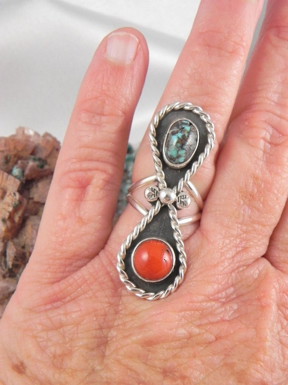 Huge Vintage Native American Turquoise Coral Ring