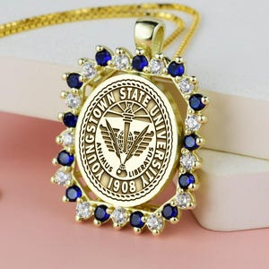 Custom College Necklace - Gold Plated or 925K Silver Necklace - Personalizable Stone Necklace - Graduation Gift - School Logo Medallion