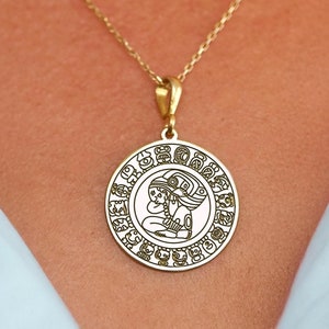 14K Solid Gold Mayan Calendar Necklace - Ancient Civilization Pendant - Aztec Sacred Symbol Jewelry - Spiritual Amulet - Unique Gift