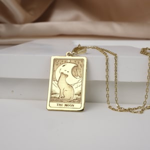 14K Massiv Gold Tarot Halskette - Der Mond Karte Anhänger - Boho Tarot Schmuck - Spirituelle Sternzeichen Halskette - 925K Silber-14K Massiv Gold