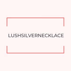 May include: A light pink background with a salmon-colored rectangular border. The text "LUSH SILVER NECKLACE" is centered within the border in a black, sans-serif font. The overall design is simple and clean.
