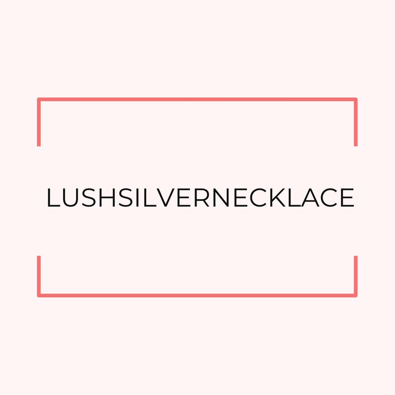 May include: A light pink background with a salmon-colored rectangular border. The text "LUSH SILVER NECKLACE" is centered within the border in a black, sans-serif font. The overall design is simple and clean.