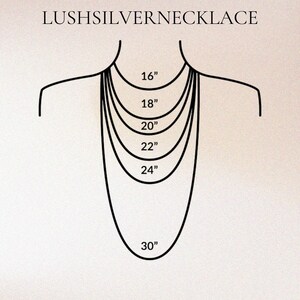 May include: Illustration of a necklace with various chain lengths, ranging from 16 inches to 30 inches. The text "LUSHSILVERNECKLACE" is at the top. The necklace lengths are labeled in inches.