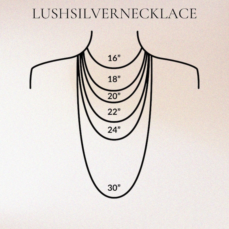 May include: Illustration of a necklace with various chain lengths, ranging from 16 inches to 30 inches. The text "LUSHSILVERNECKLACE" is at the top. The necklace lengths are labeled in inches.