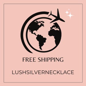 May include: A black and white graphic of the Earth with a plane flying above it, surrounded by a curved line. The text "LUSHSILVERNECKLACE" is below the graphic on a pink background.