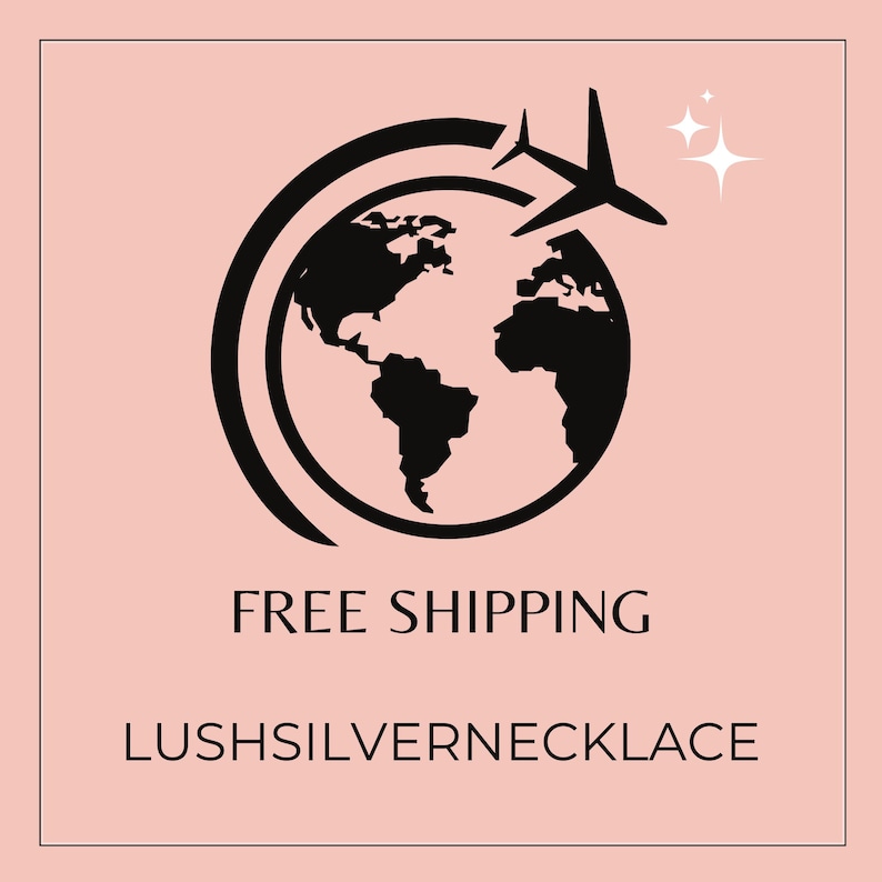 May include: A black and white graphic of the Earth with a plane flying above it, surrounded by a curved line. The text "LUSHSILVERNECKLACE" is below the graphic on a pink background.
