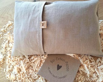 Bio Zirbenkissen aus taupe farbenen Leinen, Inlett mit Reißverschluss, 20 x 30 cm, für Wohlbefinden und gesunden Schlaf, Geschenk, Lavendel