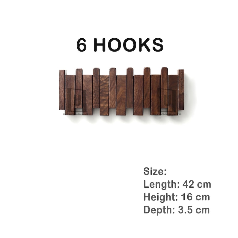Walnut Piano Coat Rack | Folding Wood Wall Hook | Japandi Entryway Organizer | Mid Century Modern Decor | 5th Wood Anniversary Gift 6 hooks 43*16*3cm
