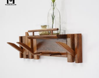Solid Walnut Coat Rack with Shelf, Entryway Wall Mount Hooks, Modern Minimalist Design