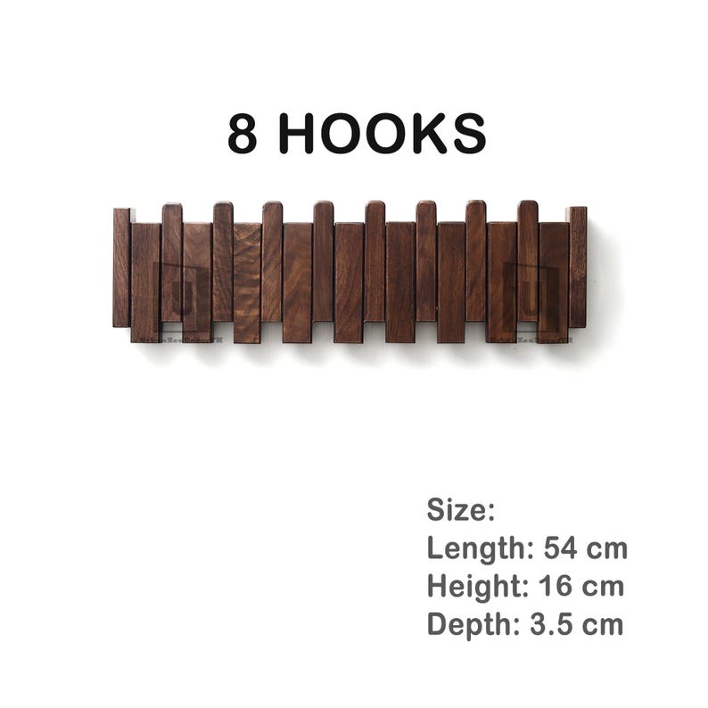 Walnut Piano Coat Rack | Folding Wood Wall Hook | Japandi Entryway Organizer | Mid Century Modern Decor | 5th Wood Anniversary Gift 8 hooks 55*16*3 cm