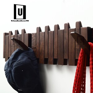 Walnut Piano Coat Rack | Folding Wood Wall Hook | Japandi Entryway Organizer | Mid Century Modern Decor | 5th Wood Anniversary Gift image 4