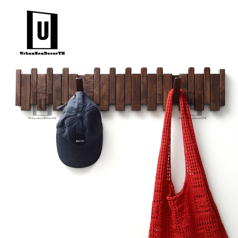 Walnut Piano Coat Rack | Folding Wood Wall Hook | Japandi Entryway Organizer | Mid Century Modern Decor | 5th Wood Anniversary Gift image 1