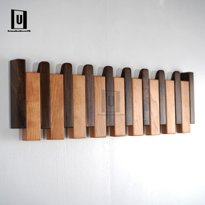 Cherry Walnut Piano Coat Rack | Two Tone Folding Wall Hook | Japandi Entryway Organizer | Modern Rustic Decor | Wood Anniversary Gift image 7