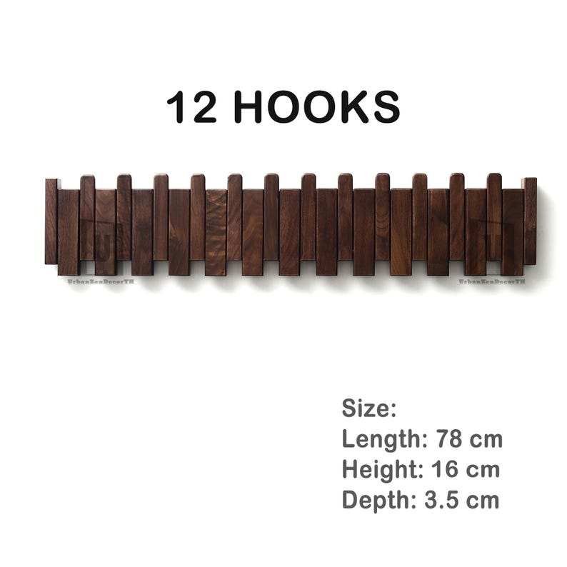 Walnut Piano Coat Rack | Folding Wood Wall Hook | Japandi Entryway Organizer | Mid Century Modern Decor | 5th Wood Anniversary Gift 12 hooks 78*16*3 cm