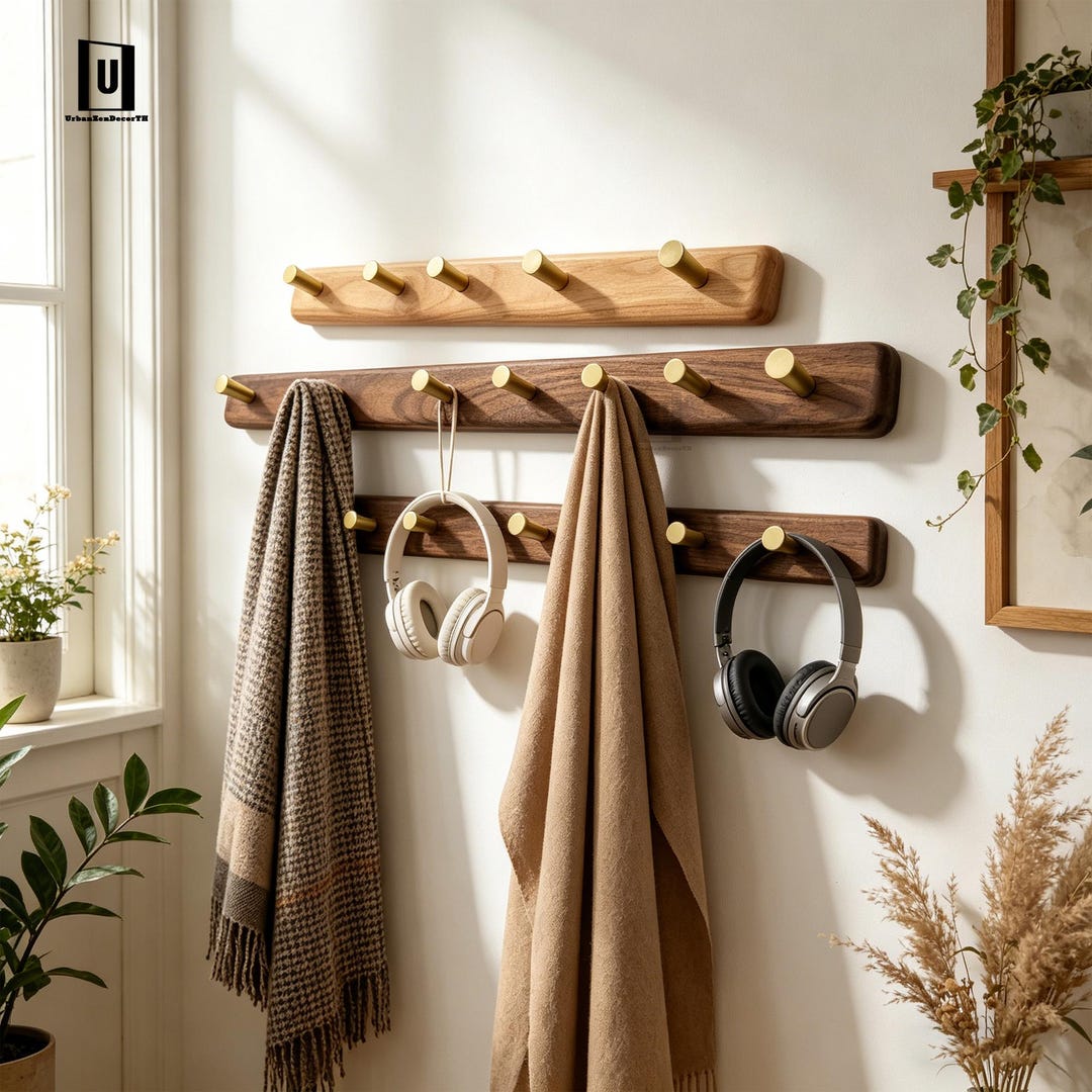 Solid Wood Brass Coat Hooks,no Drill Adhesive Wall Mounted Rack