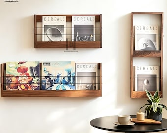 Black Walnut Wall Shelf, Vinyl Record Magazine Display, Rustic Modern Storage