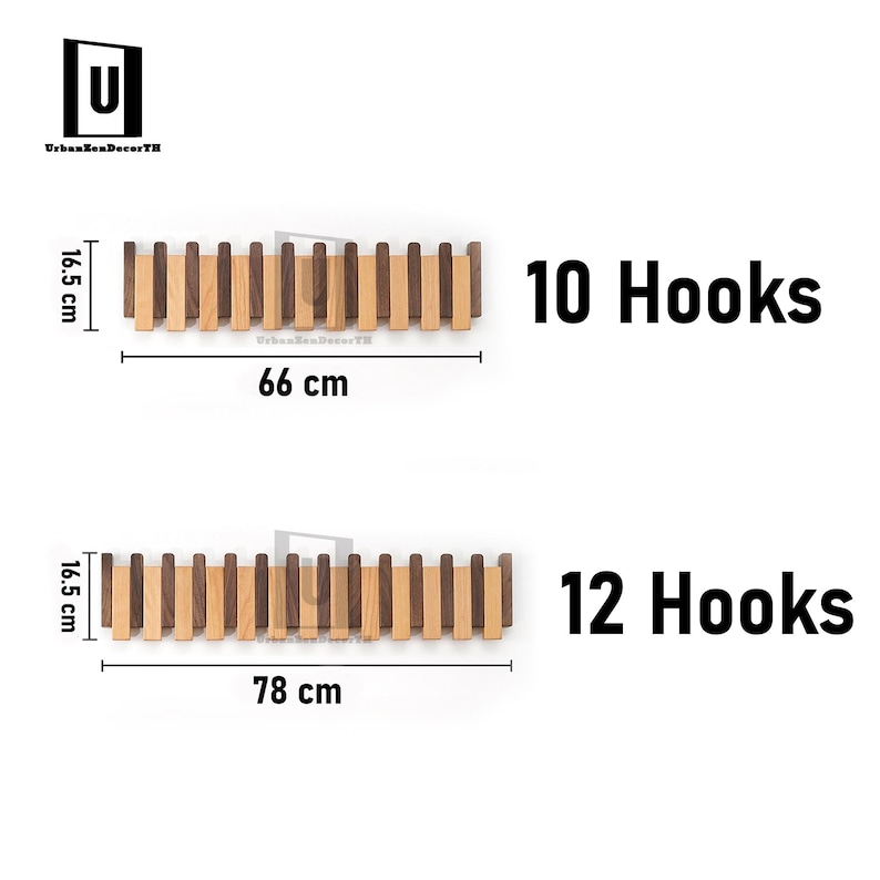 May include: Wooden coat rack with 10 hooks, measuring 66 cm long and 16.5 cm high. The rack features alternating light and dark wood slats. A second rack with 12 hooks is also shown, measuring 78 cm long and 16.5 cm high.
