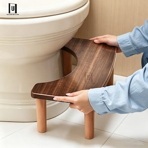 Solid Wood Toilet Stool, Ergonomic U-Shape, Adults Kids Bathroom Foot Rest