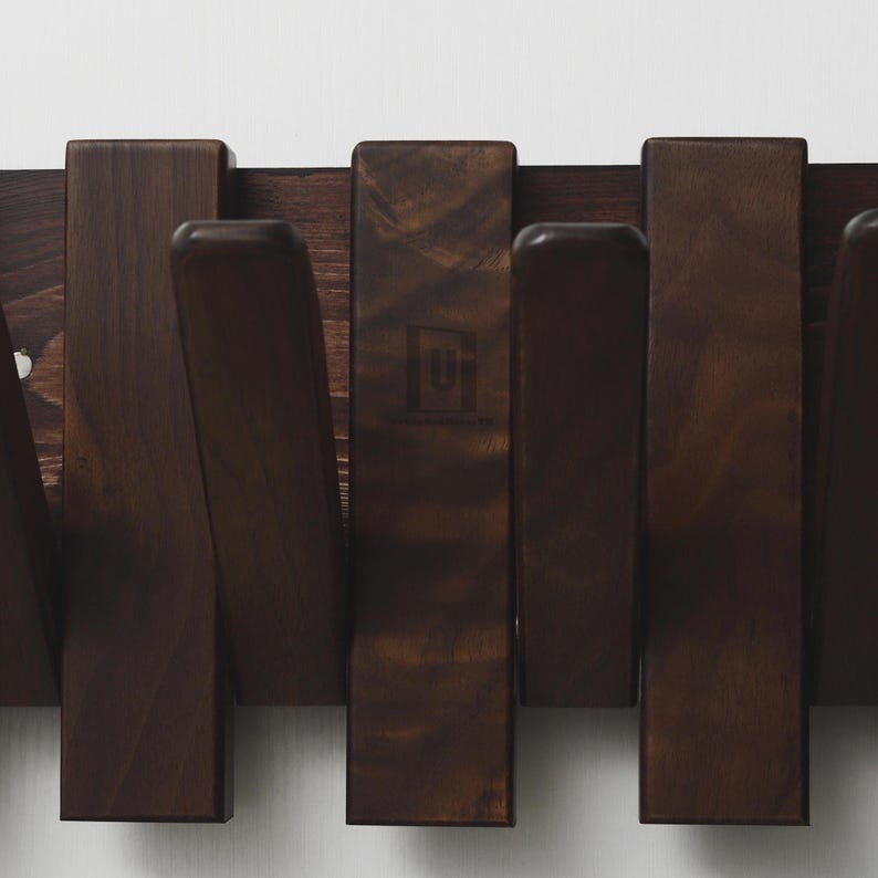 Walnut Piano Coat Rack | Folding Wood Wall Hook | Japandi Entryway Organizer | Mid Century Modern Decor | 5th Wood Anniversary Gift image 5