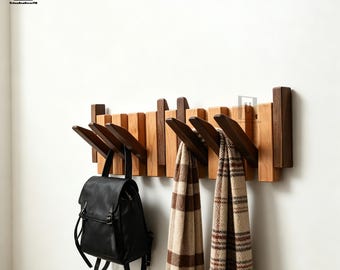 Cherry Walnut Piano Coat Rack | Two Tone Folding Wall Hook | Japandi Entryway Organizer | Modern Rustic Decor | Wood Anniversary Gift