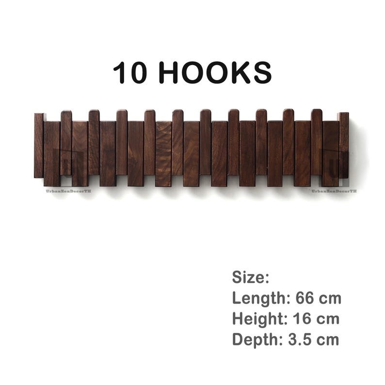 Walnut Piano Coat Rack | Folding Wood Wall Hook | Japandi Entryway Organizer | Mid Century Modern Decor | 5th Wood Anniversary Gift 10 hooks 66*16*3cm