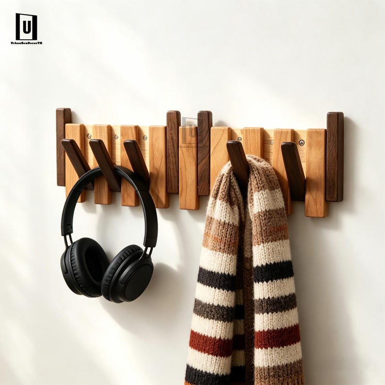 Cherry Walnut Piano Coat Rack | Two Tone Folding Wall Hook | Japandi Entryway Organizer | Modern Rustic Decor | Wood Anniversary Gift image 2