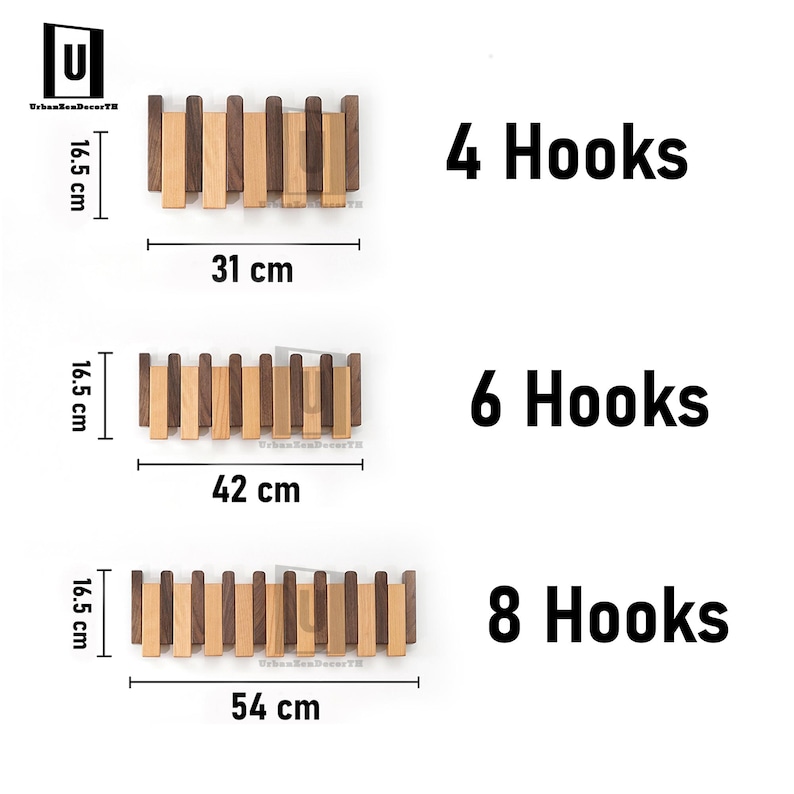May include: Wooden wall-mounted coat racks with varying hook counts. Each rack is 16.5 cm tall. The 4-hook rack is 31 cm wide, the 6-hook rack is 42 cm wide, and the 8-hook rack is 54 cm wide. The hooks alternate between light and dark wood.
