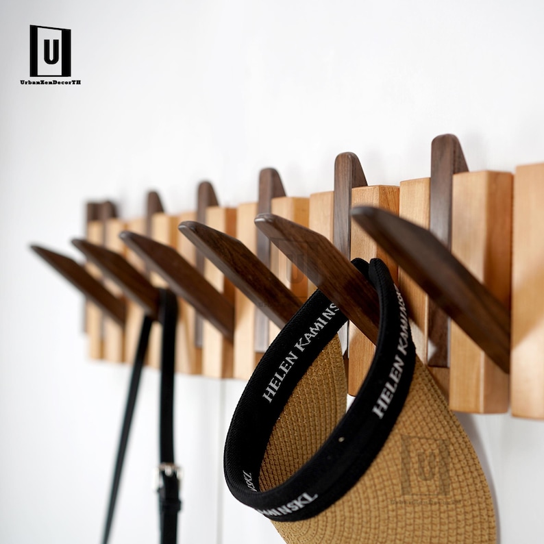 Cherry Walnut Piano Coat Rack | Two Tone Folding Wall Hook | Japandi Entryway Organizer | Modern Rustic Decor | Wood Anniversary Gift image 11