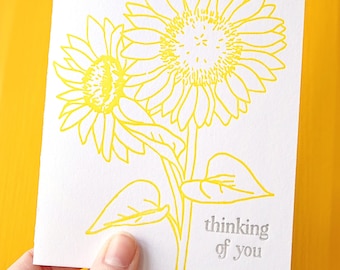 Thinking of You Hand-drawn Sunflower Letterpress Card—encouragement, support, sympathy