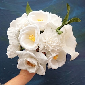 White Handmade Crepe Paper Flower Bouquet — Bridal, Anniversary, Memorial, Birthday