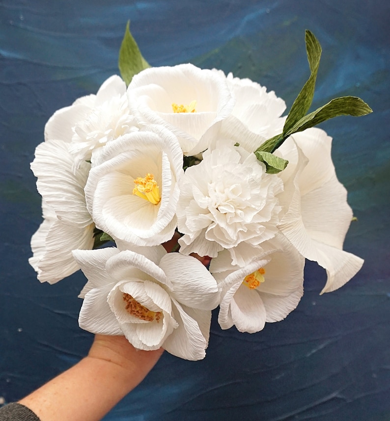 White Handmade Crepe Paper Flower Bouquet Bridal, Anniversary, Memorial, Birthday image 1