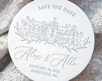 Custom Venue Sketch One Color Letterpress Save the Date Coasters