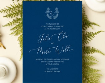 Modern Calligraphy with Hand-Drawn Monogram Luxury Wedding Invitations — White Ink on Navy, Black, Kraft or Burgundy Paper