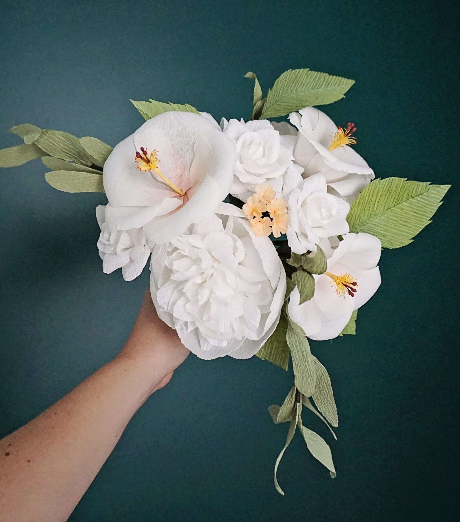 White Handmade Crepe Paper Flower Bouquet Bridal, Anniversary, Memorial
