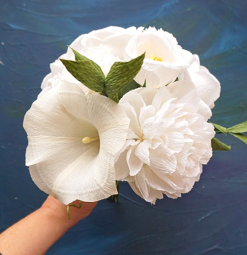 White Handmade Crepe Paper Flower Bouquet Bridal, Anniversary, Memorial, Birthday image 3