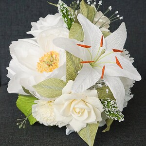 White Handmade Crepe Paper Flower Bouquet Bridal, Anniversary, Memorial, Birthday image 7