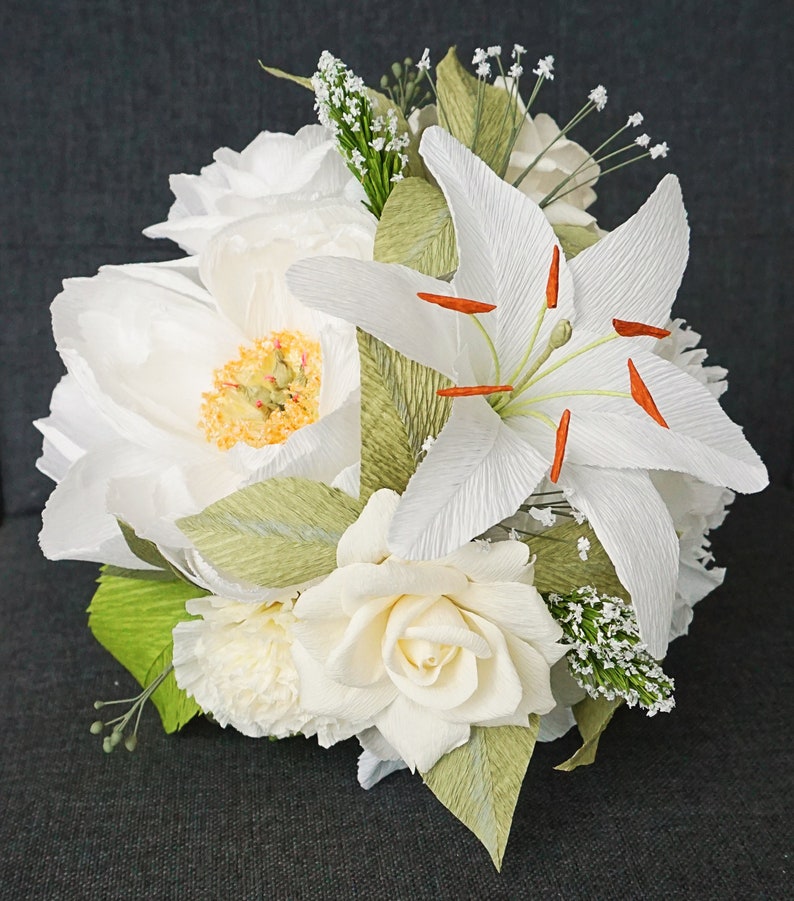 White Handmade Crepe Paper Flower Bouquet Bridal, Anniversary, Memorial, Birthday image 7