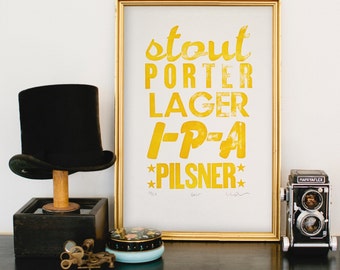 BEER limited edition antique wood type letterpress art print — stout, porter, lager, IPA, pilsner